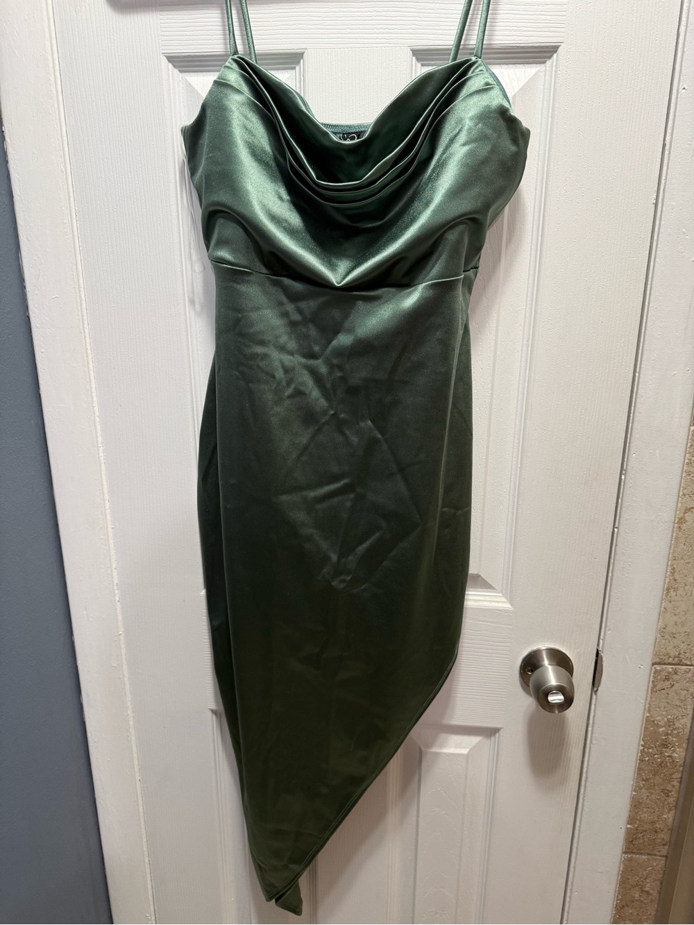 Windsor Satin Cowl Neck Sage Green Asymmetrical Dress